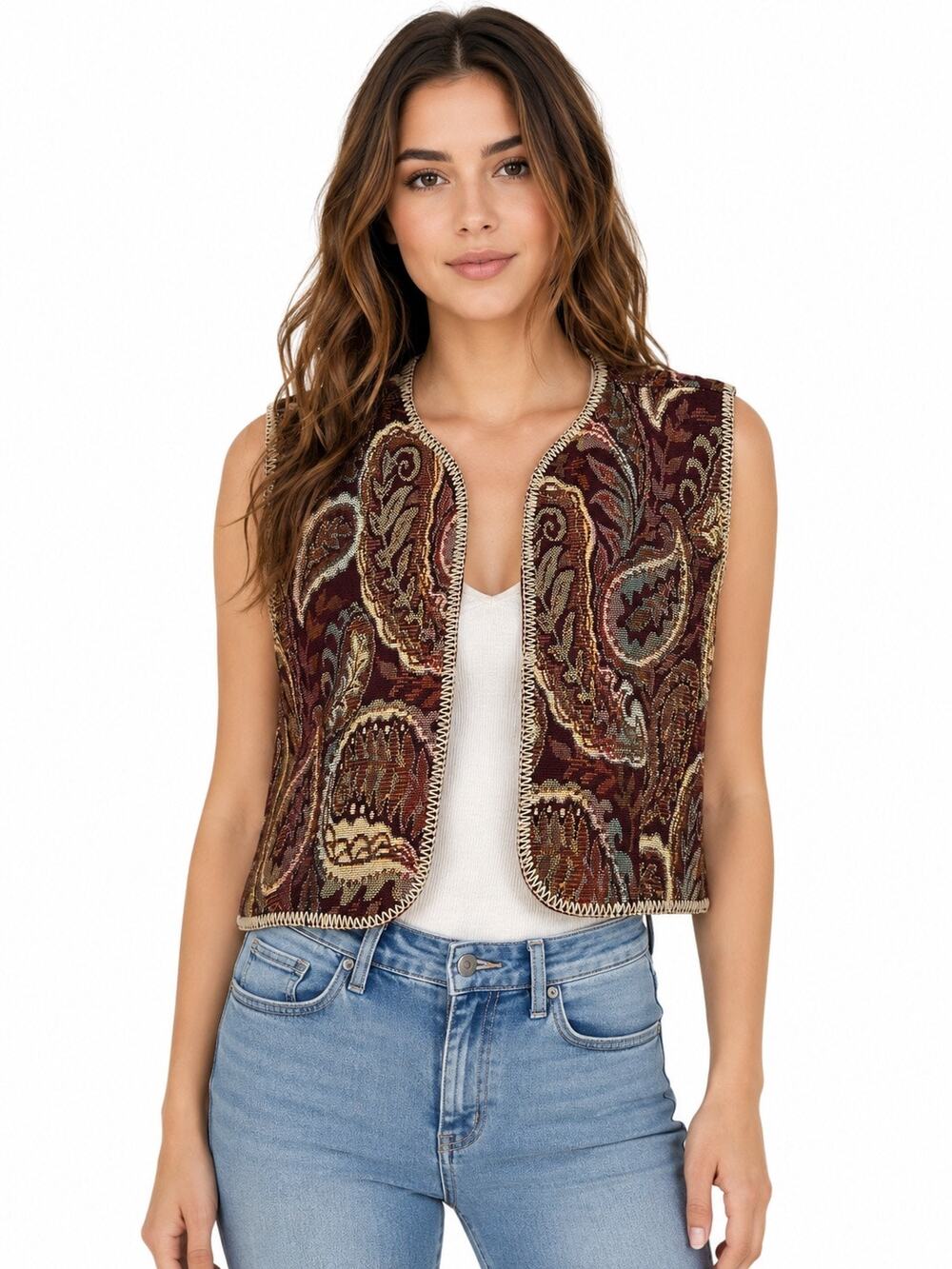 1980s Paisley Tapestry Open Front Cropped Vest Jacket USA Made Medium
